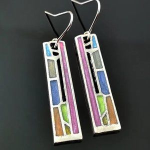 Vintage Handmade Carved Pattern Colorful Silver Dangle Earrings Silver - NEW